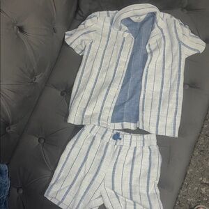 Blue and White Striped Kids Short Set - Short Sleeve Shirt & Shorts